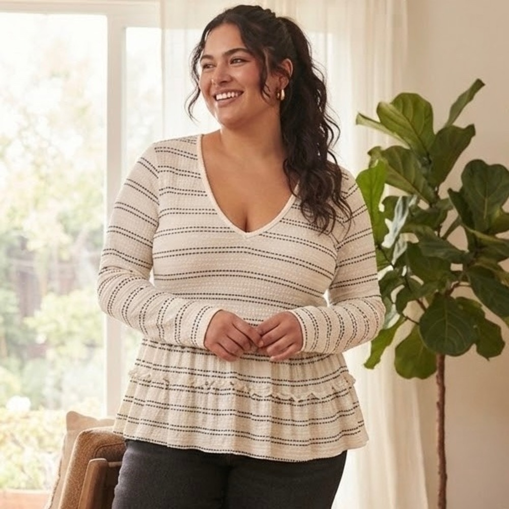 Altar'd State Waffle Knit Stripe Peplum Top V-Neck Long Sleeve Cream Black Large